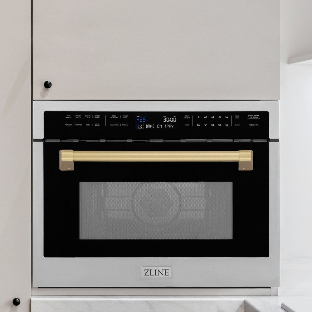 ZLINE Autograph Edition 24 in. 1.6 cu ft. Built-in Convection Microwave Oven in Stainless Steel with Champagne Bronze Accents (MWOZ-24-CB) in a modern kitchen setting