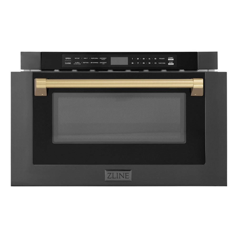 ZLINE Autograph Edition 24 in. 1.2 cu. ft. Built-in Microwave Drawer in Black Stainless Steel with Champagne Bronze Accents (MWDZ-1-BS-H-CB) front, open.