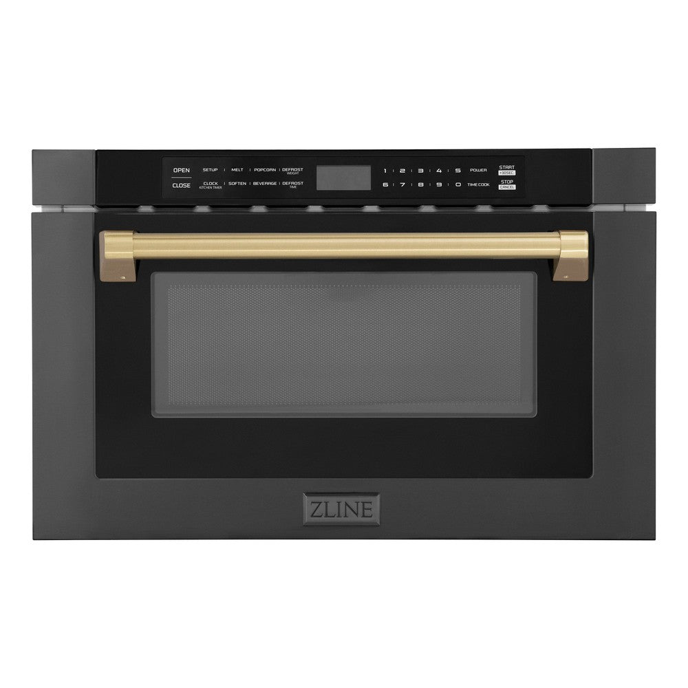 ZLINE Autograph Edition 24 in. 1.2 cu. ft. Built-in Microwave Drawer in Black Stainless Steel with Champagne Bronze Accents (MWDZ-1-BS-H-CB) front, closed.