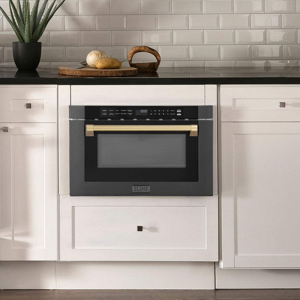 ZLINE Autograph Edition 24 in. 1.2 cu. ft. Built-in Microwave Drawer in Black Stainless Steel with Champagne Bronze Accents (MWDZ-1-BS-H-CB) in Rustic Farmhouse Style Kitchen with white cabinets and black countertops.