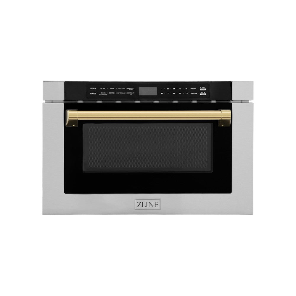 ZLINE Autograph Edition 24 in. 1.2 cu. ft. Built-in Microwave Drawer with a Traditional Handle in Stainless Steel and Polished Gold Accents (MWDZ-1-H-G) front, closed.