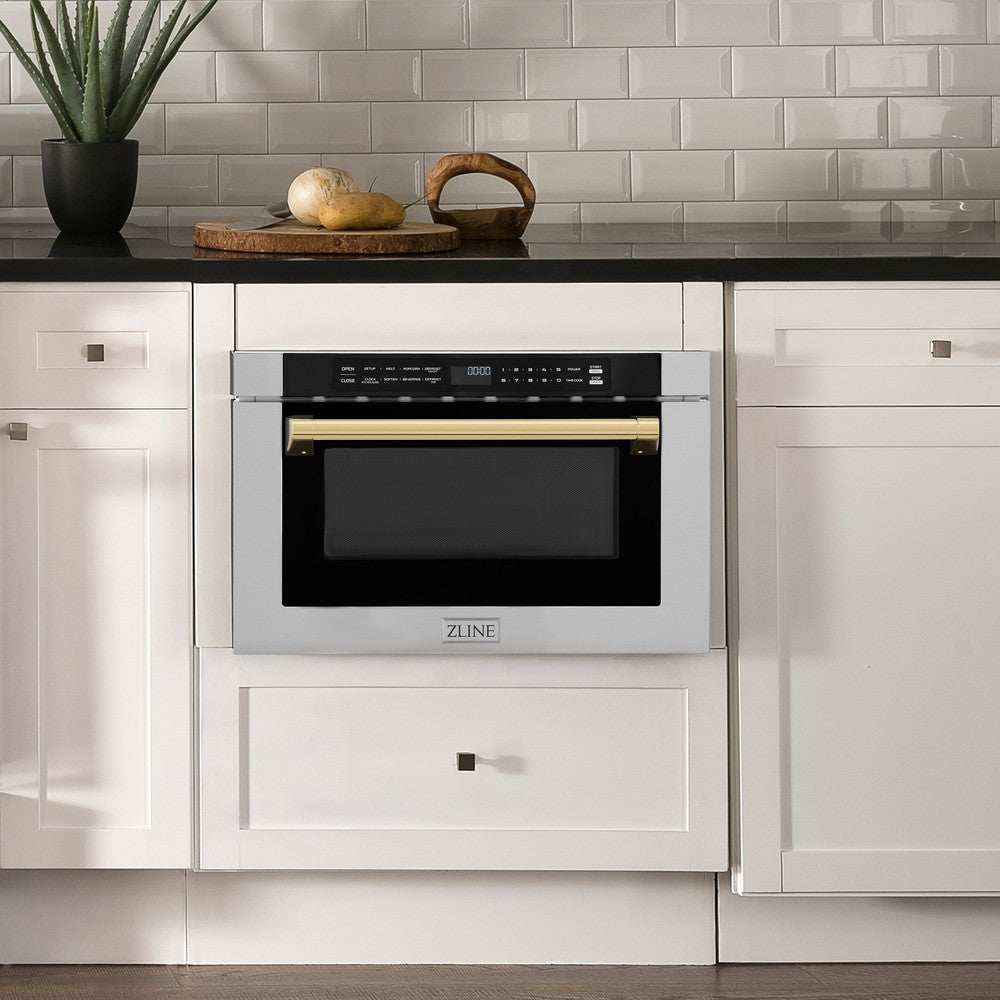 ZLINE Autograph Edition 24 in. 1.2 cu. ft. Built-in Microwave Drawer with a Traditional Handle in Stainless Steel and Gold Accents (MWDZ-1-H-G) in Rustic Farmhouse Style Kitchen with white cabinets and black countertops.