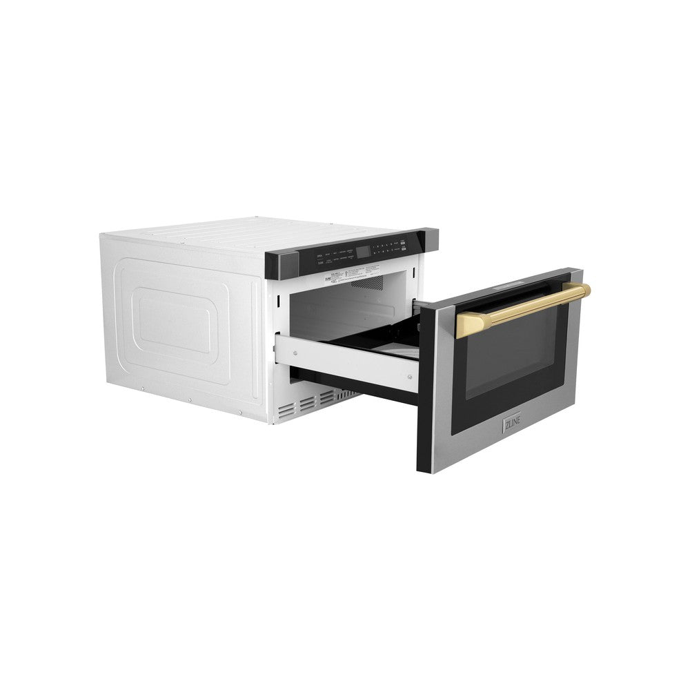 ZLINE Autograph Edition 24 in. 1.2 cu. ft. Built-in Microwave Drawer with a Traditional Handle in Stainless Steel and Polished Gold Accents (MWDZ-1-H-G) side, fully open.