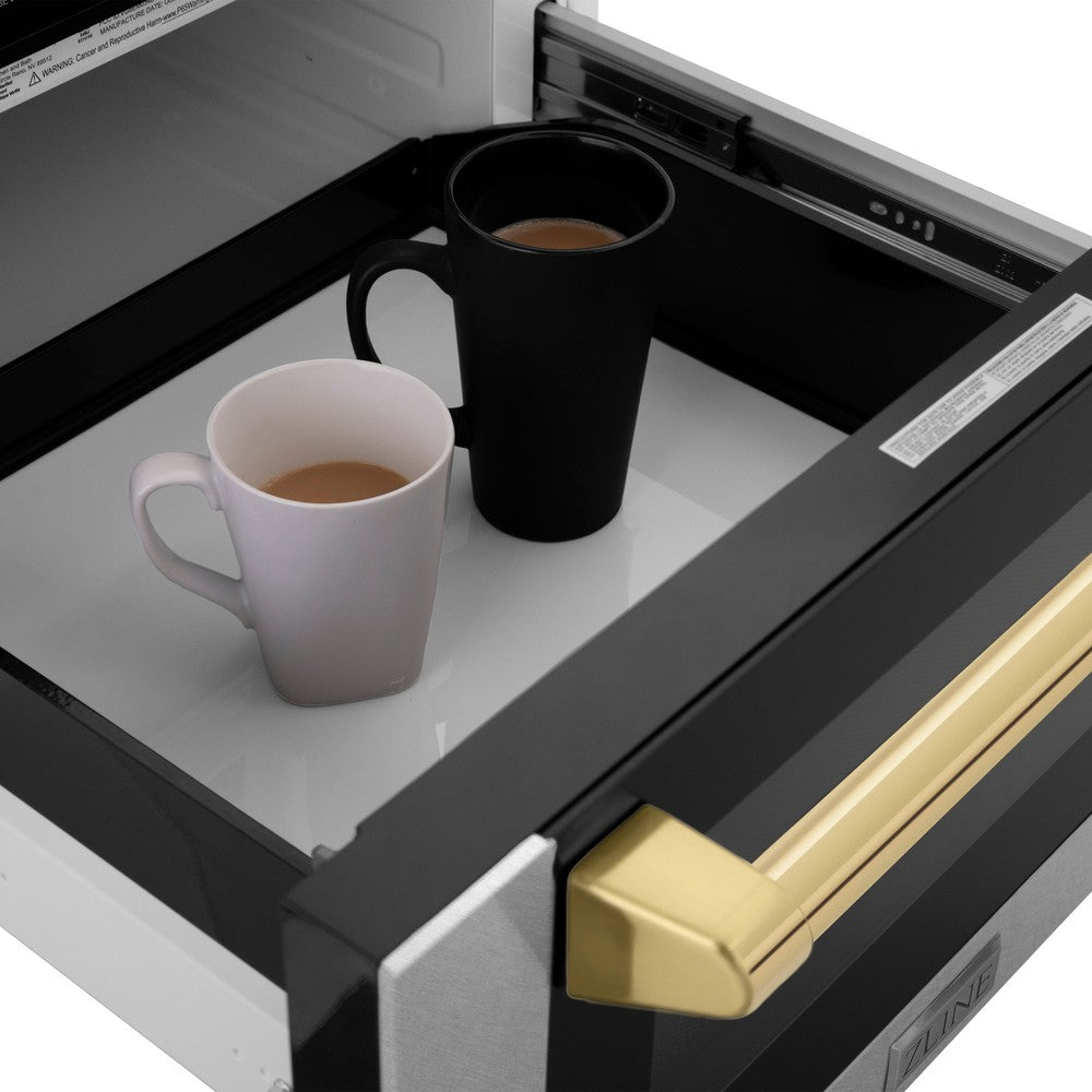 Two Cups of Coffee in ZLINE Microwave Drawer. 1.2 cu. ft. Capacity - A large cooking area will easily fit your items, such as coffee mugs up to 7 in. tall and dishes up to 16 x 16 in.