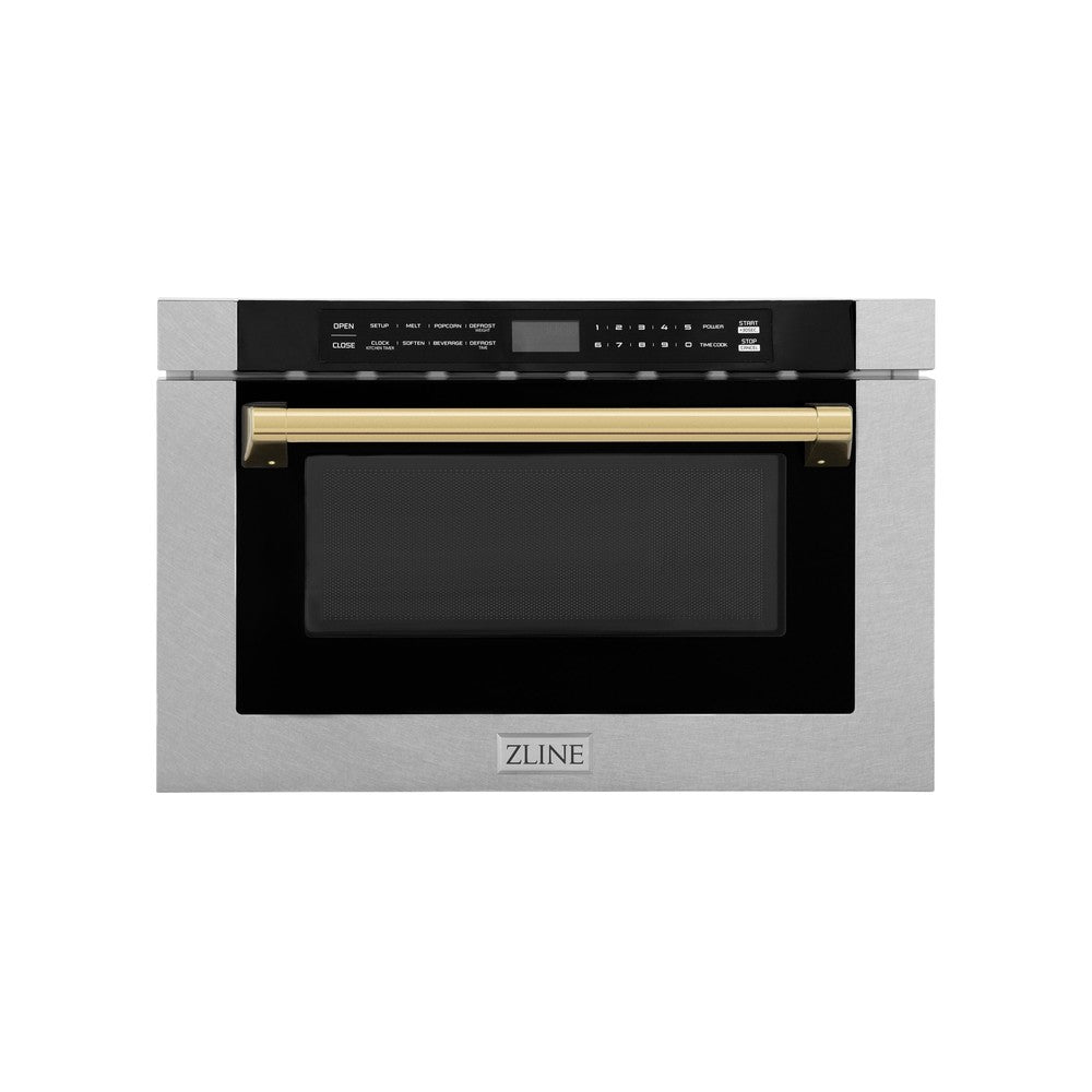 ZLINE Autograph Edition 24 in. Microwave in Fingerprint Resistant Stainless Steel with Traditional Handles and Polished Gold Accents (MWDZ-1-SS-H-G) front, closed.