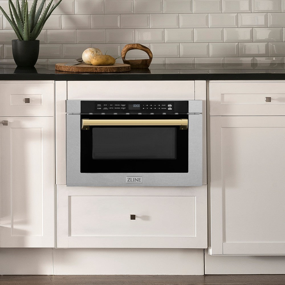 ZLINE Autograph Edition 24 in. Microwave in Fingerprint Resistant Stainless Steel with Traditional Handles and Gold Accents (MWDZ-1-SS-H-G) in Rustic Farmhouse Style Kitchen with white cabinets and black countertops.