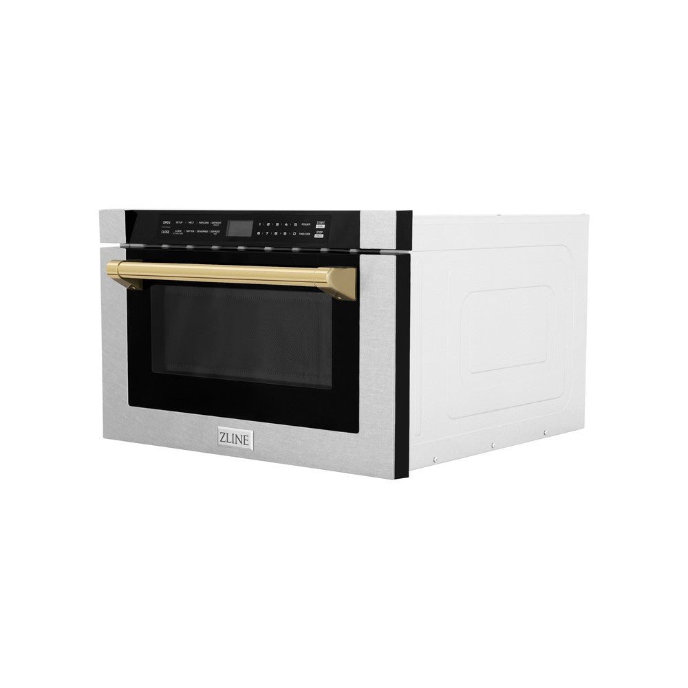 ZLINE Autograph Edition 24 in. Microwave in Fingerprint Resistant Stainless Steel with Traditional Handles and Polished Gold Accents (MWDZ-1-SS-H-G) side, closed.