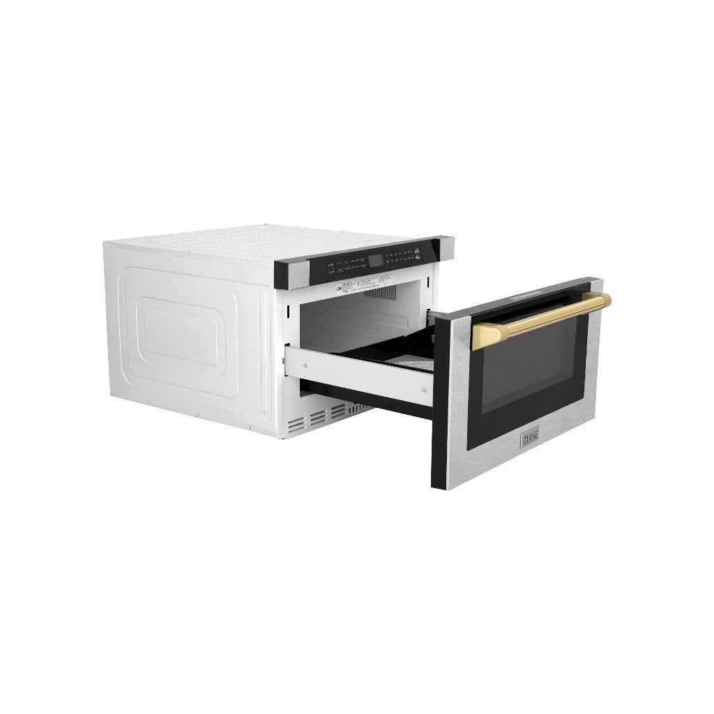 ZLINE Autograph Edition 24 in. Microwave in DuraSnow Stainless Steel with Traditional Handles and Gold Accents (MWDZ-1-SS-H-G) Opposite Side View Drawer Open