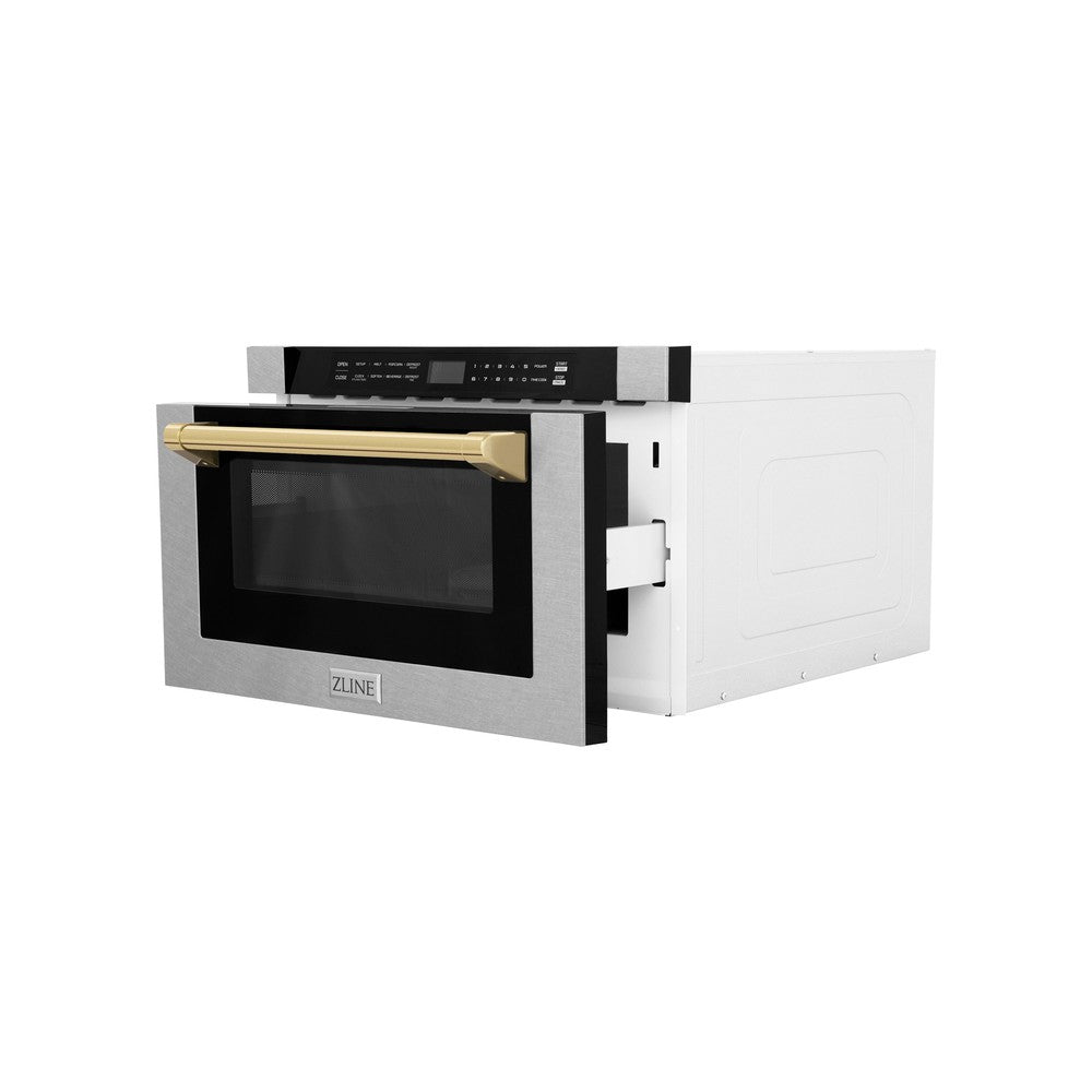 ZLINE Autograph Edition 24 in. Microwave in Fingerprint Resistant Stainless Steel with Traditional Handles and Polished Gold Accents (MWDZ-1-SS-H-G) side, open.