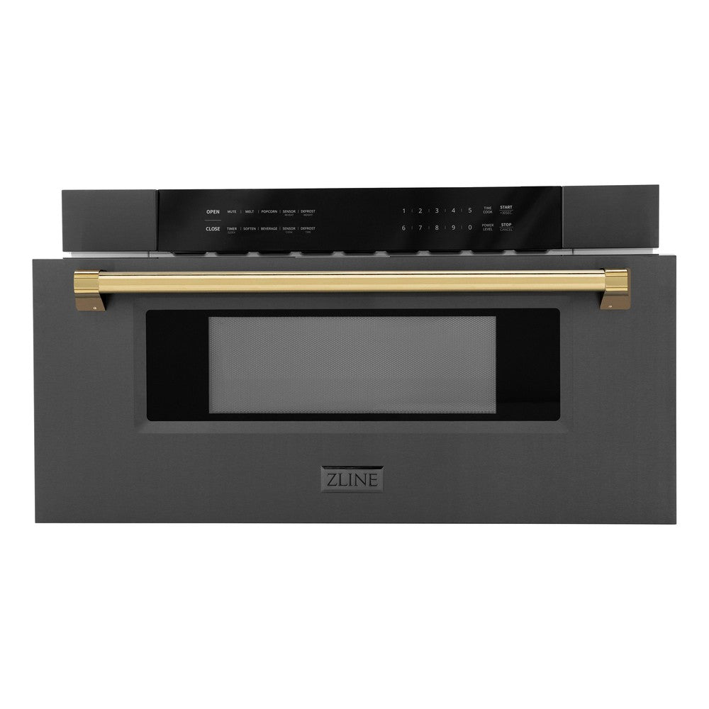 ZLINE Autograph Edition 30 in. 1.2 cu. ft. Built-in Microwave Drawer in Black Stainless Steel with Gold Accents (MWDZ-30-BS-G) Front View Drawer Open