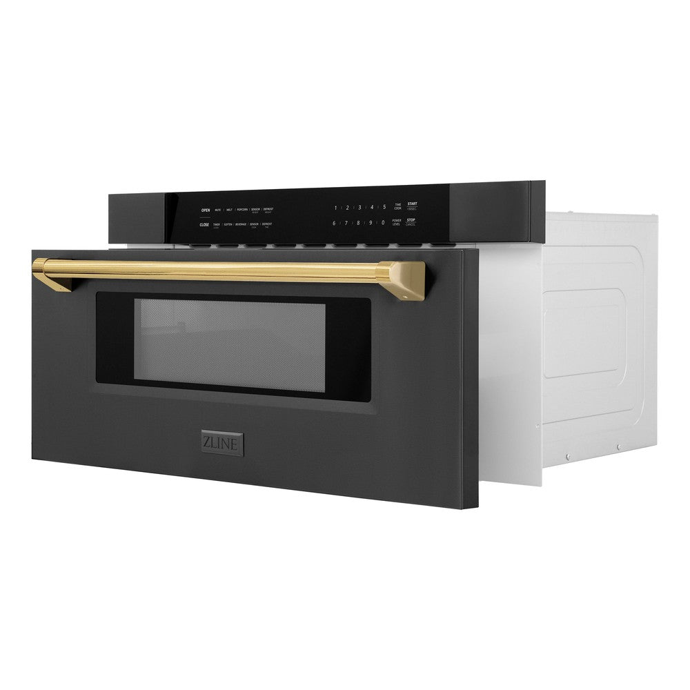 ZLINE Autograph Edition 30 in. 1.2 cu. ft. Built-in Microwave Drawer in Black Stainless Steel with Gold Accents (MWDZ-30-BS-G) Side View Drawer Open