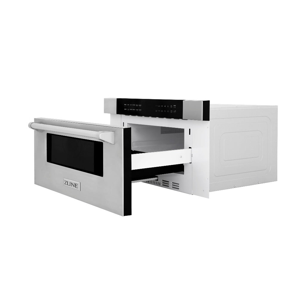 ZLINE 30 in. 1.2 cu. ft. Stainless Steel Built-In Microwave Drawer (MWD-30) side, fully open.