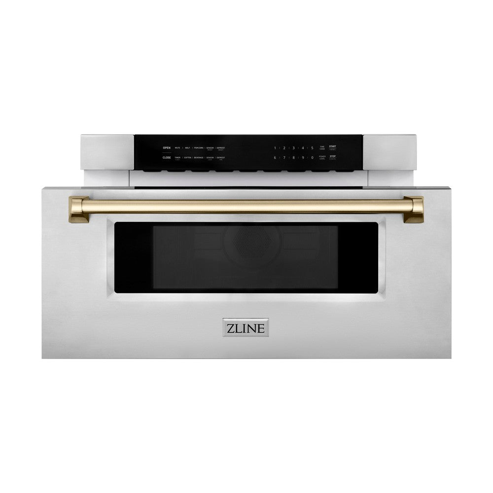 ZLINE Autograph Edition 30 in. 1.2 cu. ft. Built-In Microwave Drawer in Stainless Steel with Polished Gold Accents (MWDZ-30-G) front, open.