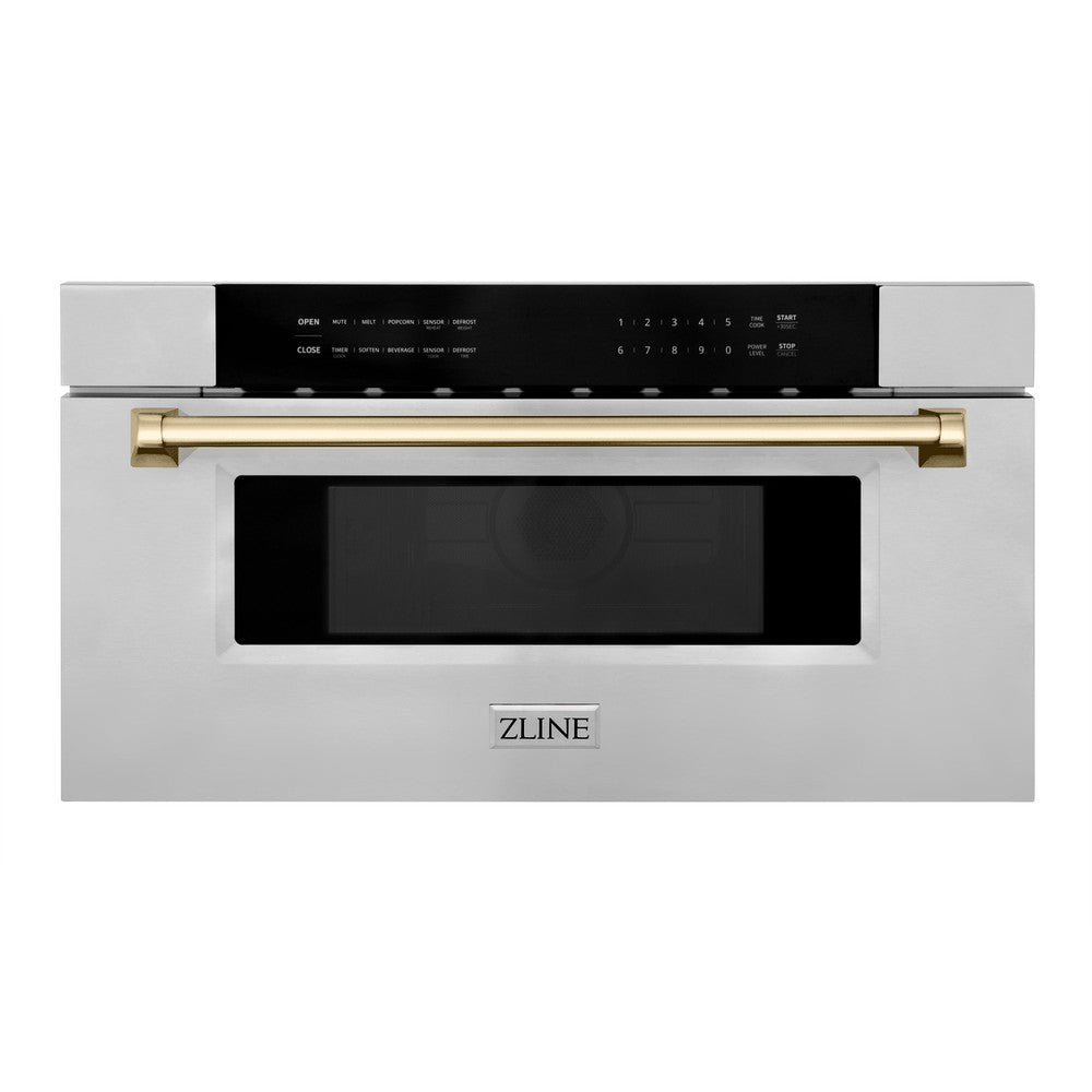 ZLINE Autograph Edition 30 in. 1.2 cu. ft. Built-In Microwave Drawer in Stainless Steel with Polished Gold Accents (MWDZ-30-G) front, closed.