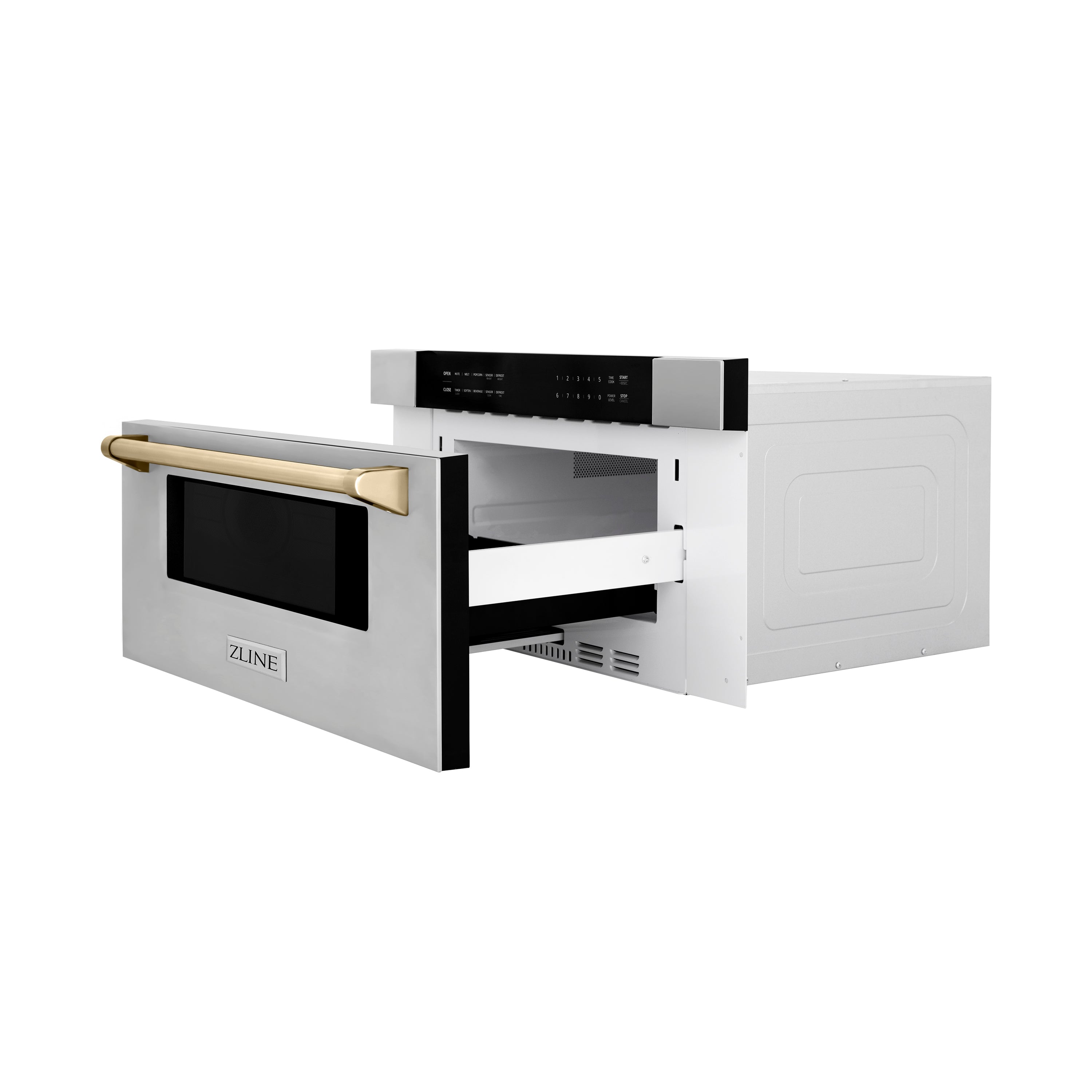 ZLINE Autograph Edition 30 in. 1.2 cu. ft. Built-In Microwave Drawer in Stainless Steel with Polished Gold Accents (MWDZ-30-G) side, fully open.