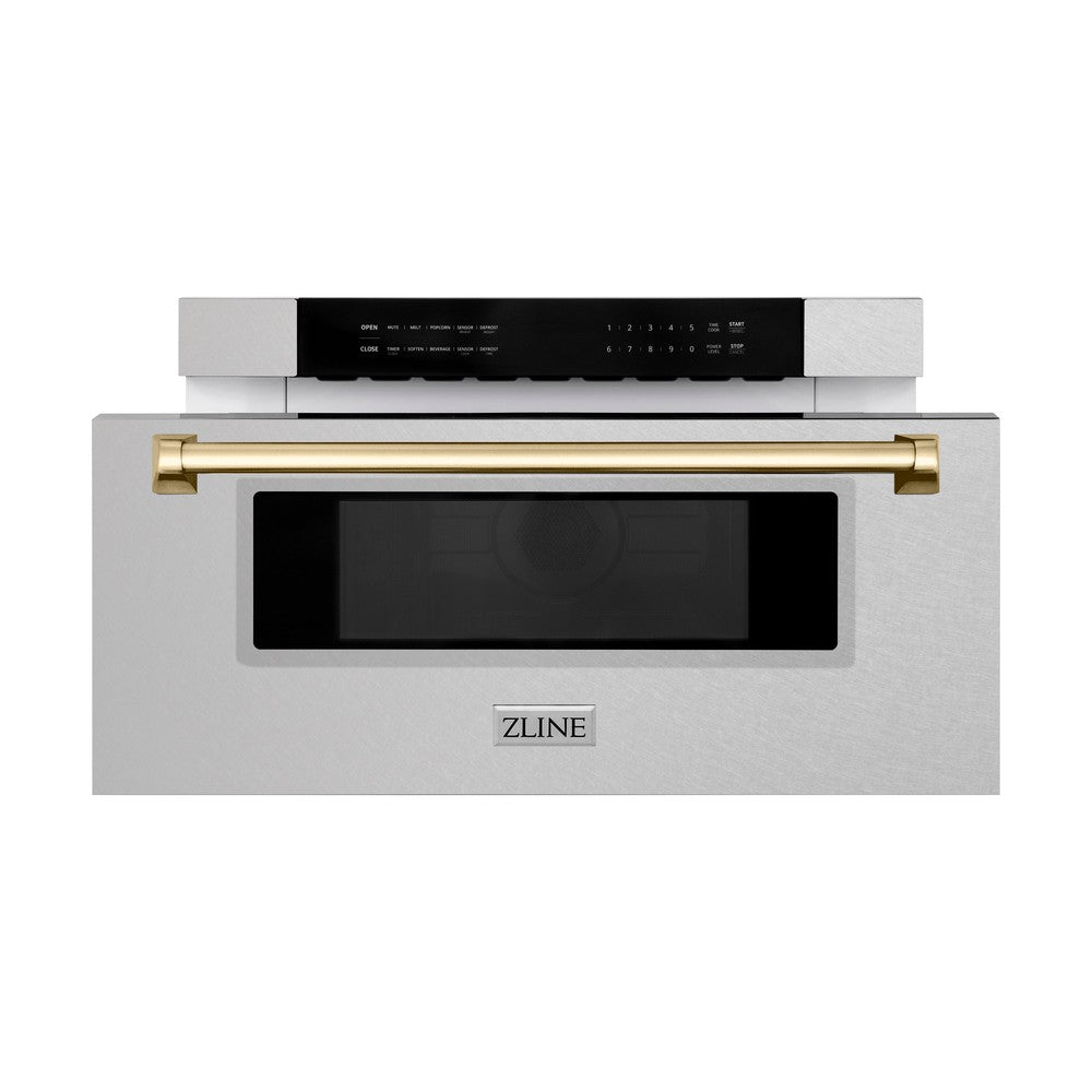 ZLINE Autograph Edition 30 in. 1.2 cu. ft. Built-In Microwave Drawer in Fingerprint Resistant Stainless Steel with Gold Accents (MWDZ-30-SS-G) Front View Drawer Open