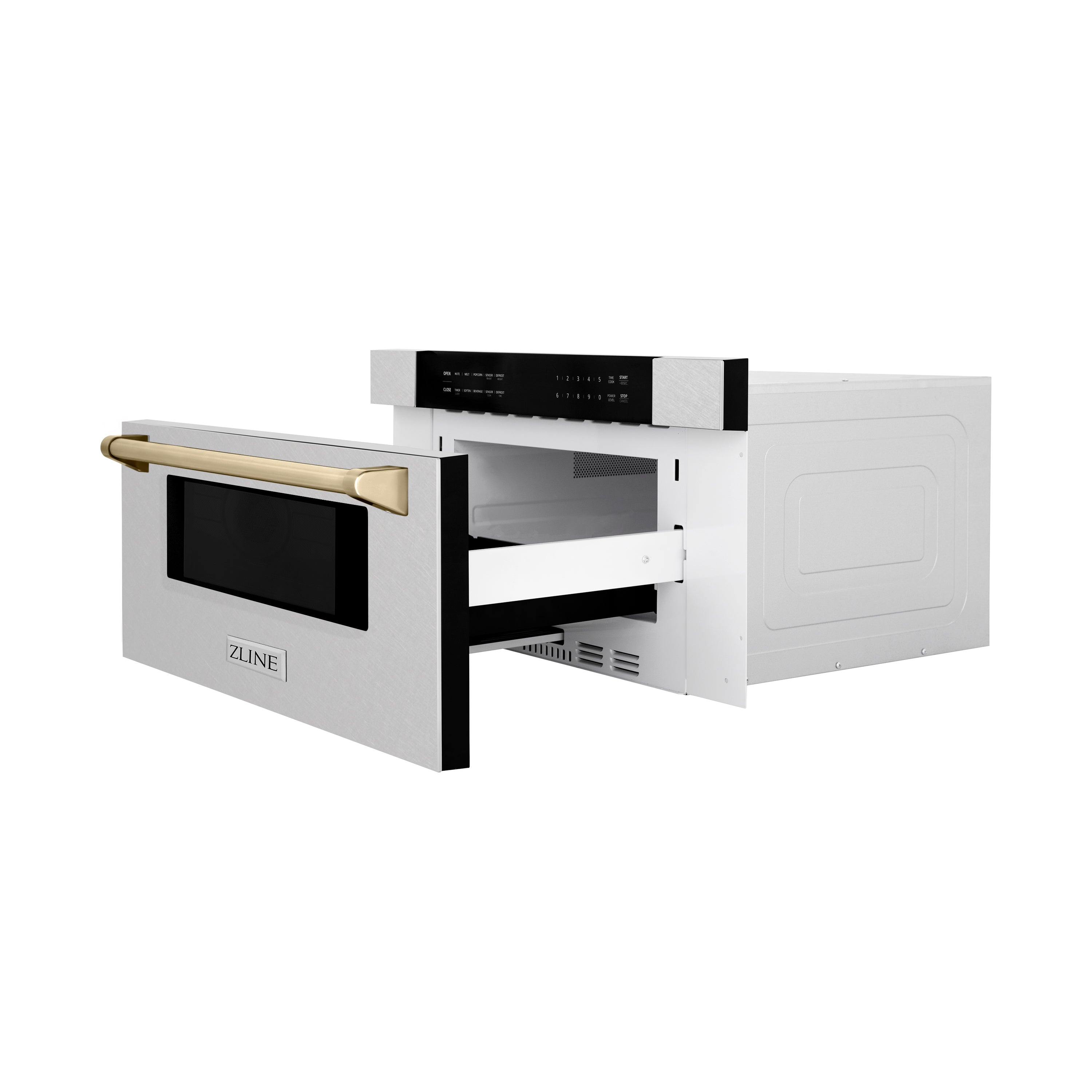 ZLINE Autograph Edition 30 in. 1.2 cu. ft. Built-In Microwave Drawer in Fingerprint Resistant Stainless Steel with Gold Accents (MWDZ-30-SS-G) Side View Drawer Open