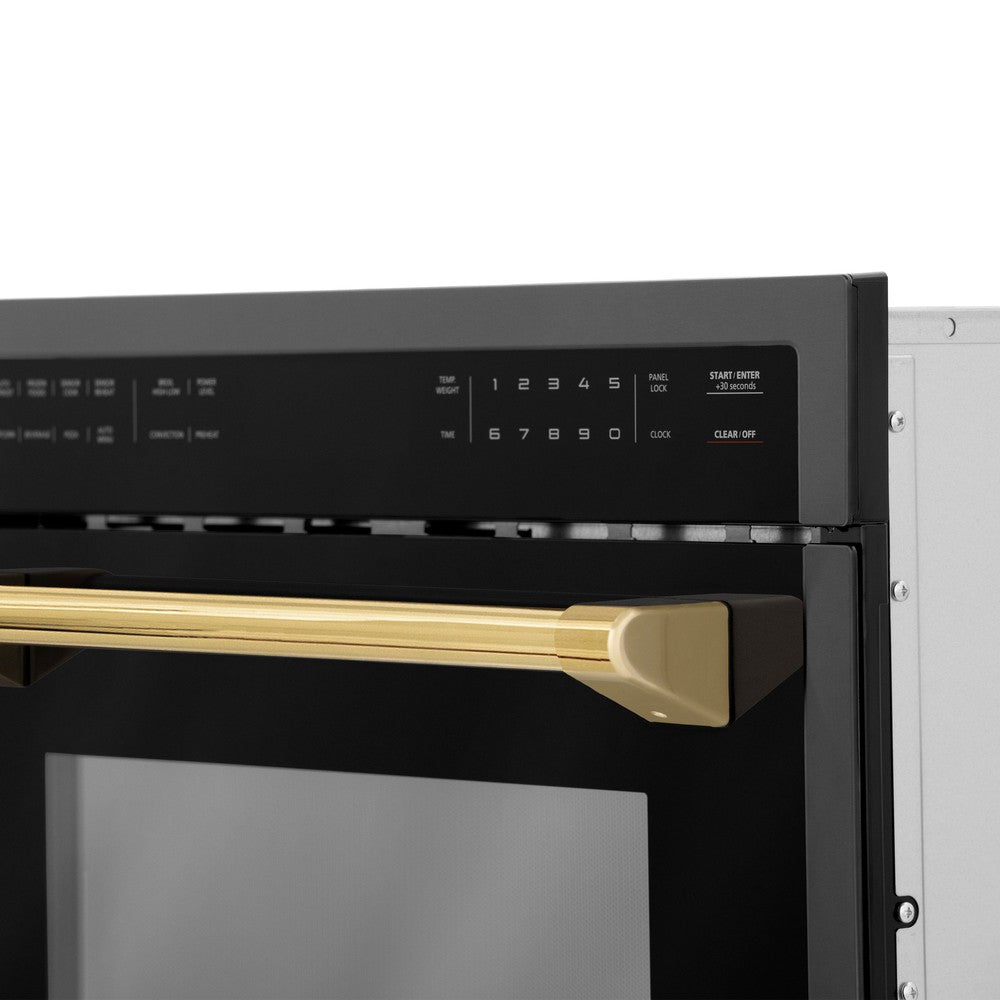 ZLINE Autograph Edition 24 in. 1.6 cu ft. Built-in Convection Microwave Oven in Black Stainless Steel with Polished Gold Accents (MWOZ-24-BS-G) handle and controls