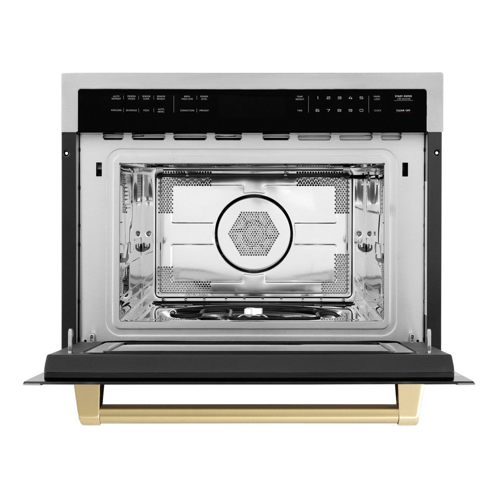 ZLINE Autograph Edition 24 in. 1.6 cu ft. Built-in Convection Microwave Oven in Stainless Steel with Champagne Bronze Accents (MWOZ-24-CB) Front View Door Open