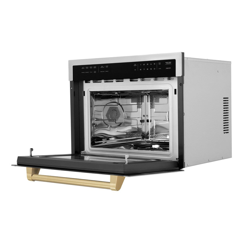 ZLINE Autograph Edition 24 in. 1.6 cu ft. Built-in Convection Microwave Oven in Stainless Steel with Champagne Bronze Accents (MWOZ-24-CB) Side View Door Open