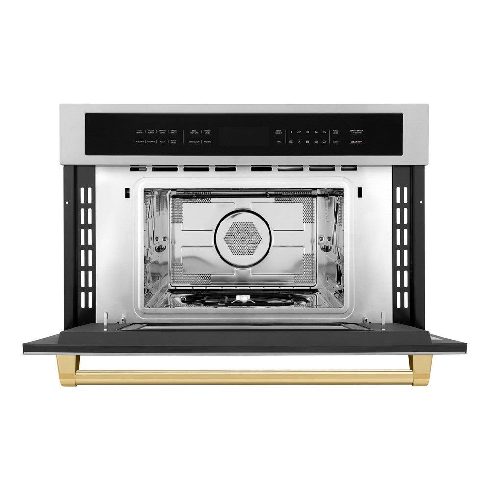 ZLINE Autograph Edition 30 in. 1.6 cu ft. Built-in Convection Microwave Oven in Stainless Steel with Gold Accents (MWOZ-30-G) Front View Door Open