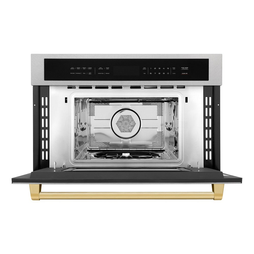 ZLINE Autograph Edition 30 in. 1.6 cu ft. Built-in Convection Microwave Oven in Fingerprint Resistant DuraSnow Stainless Steel with Gold Accents (MWOZ-30-SS-G) Front View Door Open