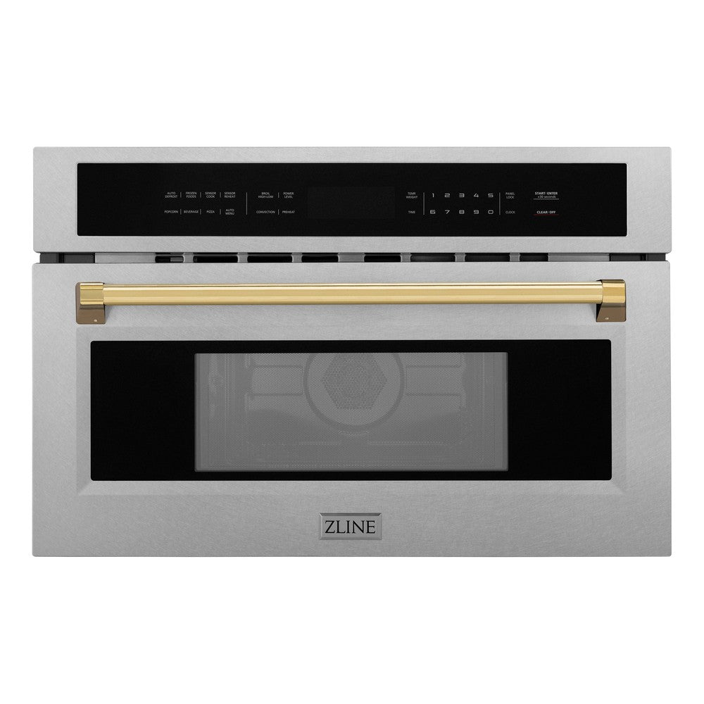 ZLINE Autograph Edition 30 in. 1.6 cu ft. Built-in Convection Microwave Oven in Fingerprint Resistant DuraSnow Stainless Steel with Gold Accents (MWOZ-30-SS-G) Front View Door Closed