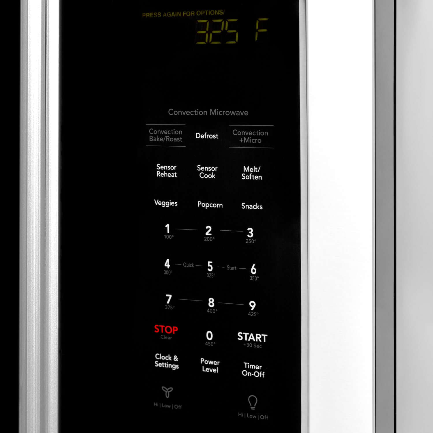 Button controls and display on ZLINE 30" Over-the-Range Microwave.