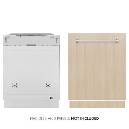 ZLINE 24 in. Monument Series 3rd Rack Top Touch Control Dishwasher in Custom Panel Ready with Stainless Steel Tub, 45dBa (DWMT-24) front, next to custom panel and handle. Text: Handles and panels not included.