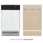 ZLINE 18 in. Tallac Series 3rd Rack Top Control Built-In Dishwasher in Custom Panel Ready with Stainless Steel Tub, 51dBa (DWV-18) front, next to custom wood panel. Text: Handles and Panels Not Included.
