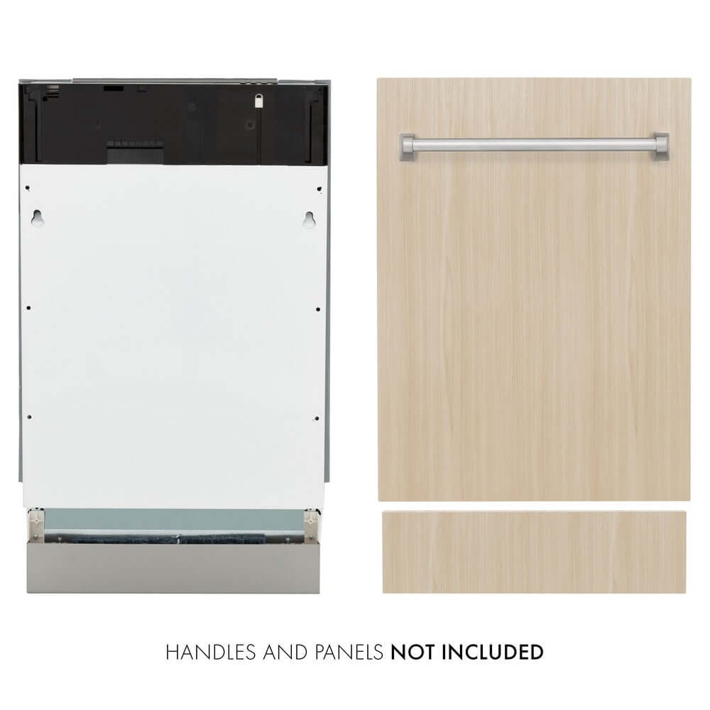 ZLINE 18 in. Tallac Series 3rd Rack Top Control Built-In Dishwasher in Custom Panel Ready with Stainless Steel Tub, 51dBa (DWV-18) front, next to custom wood panel. Text: Handles and Panels Not Included.