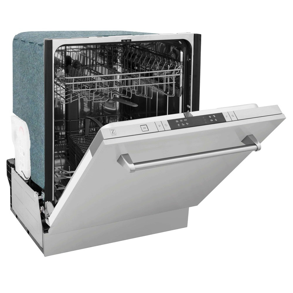 ZLINE 24" Stainless Steel Dishwasher side with door halfway open.