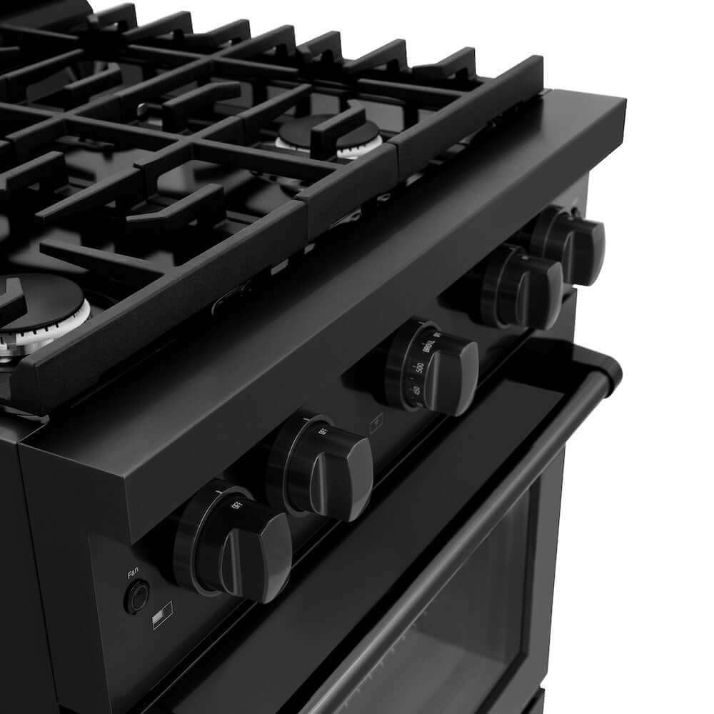 ZLINE 30-inch Gas Range in Black Stainless Steel (SGRB-30) oven and cooktop knobs closeup.