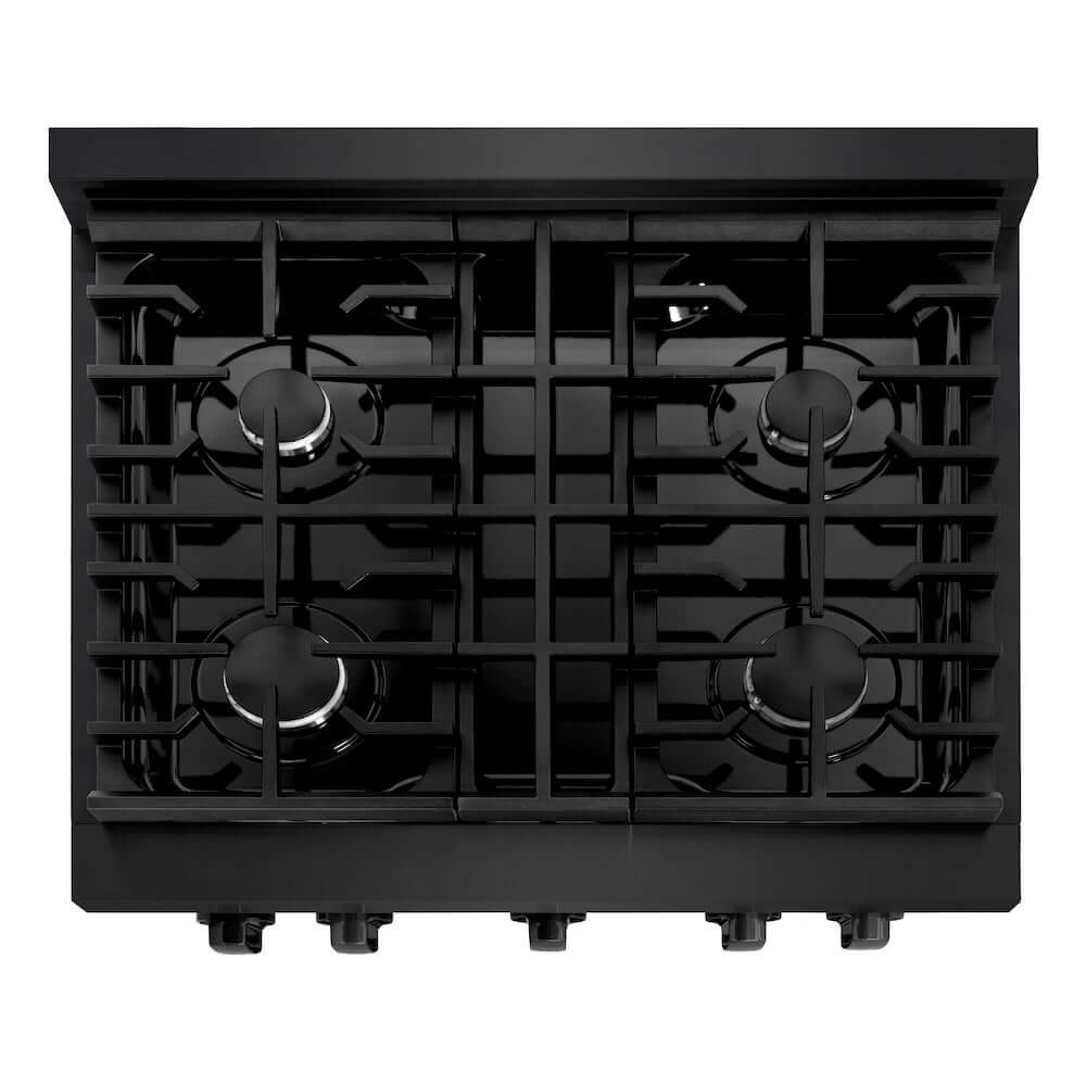 ZLINE 30-inch Gas Range in Black Stainless Steel (SGRB-30) from above, showing 4-burner gas cooktop.