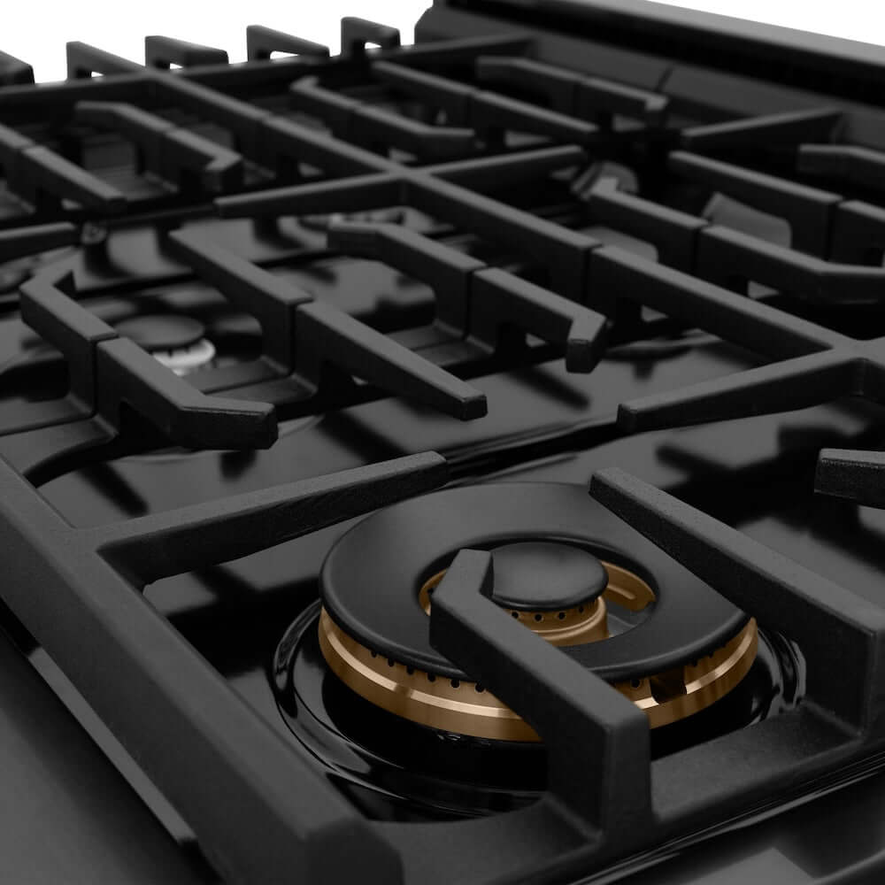 ZLINE 36-inch Gas Range in Black Stainless Steel (SGRB-36) cast-iron grates and burner closeup.