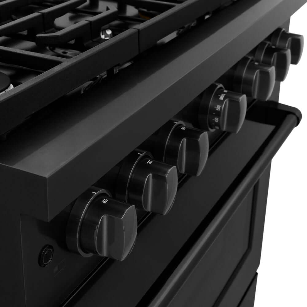 ZLINE 36-inch Gas Range in Black Stainless Steel (SGRB-36) cooktop and oven knobs closeup.