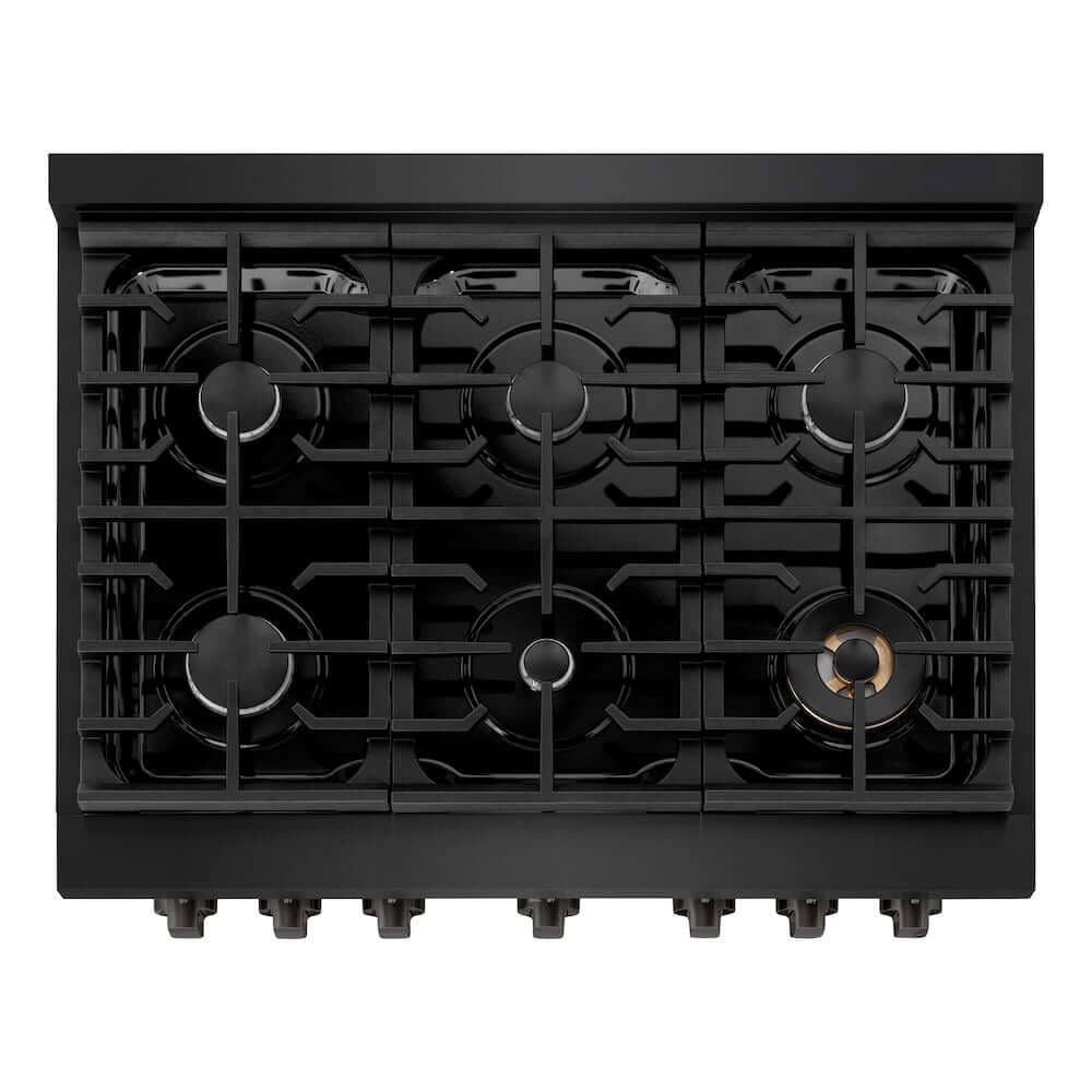 ZLINE 36 in. 5.2 cu. ft. 6 Burner Gas Range with Convection Gas Oven in Black Stainless Steel (SGRB-36) from above, showing gas burners, black porcelain cooktop, and cast-iron grates.