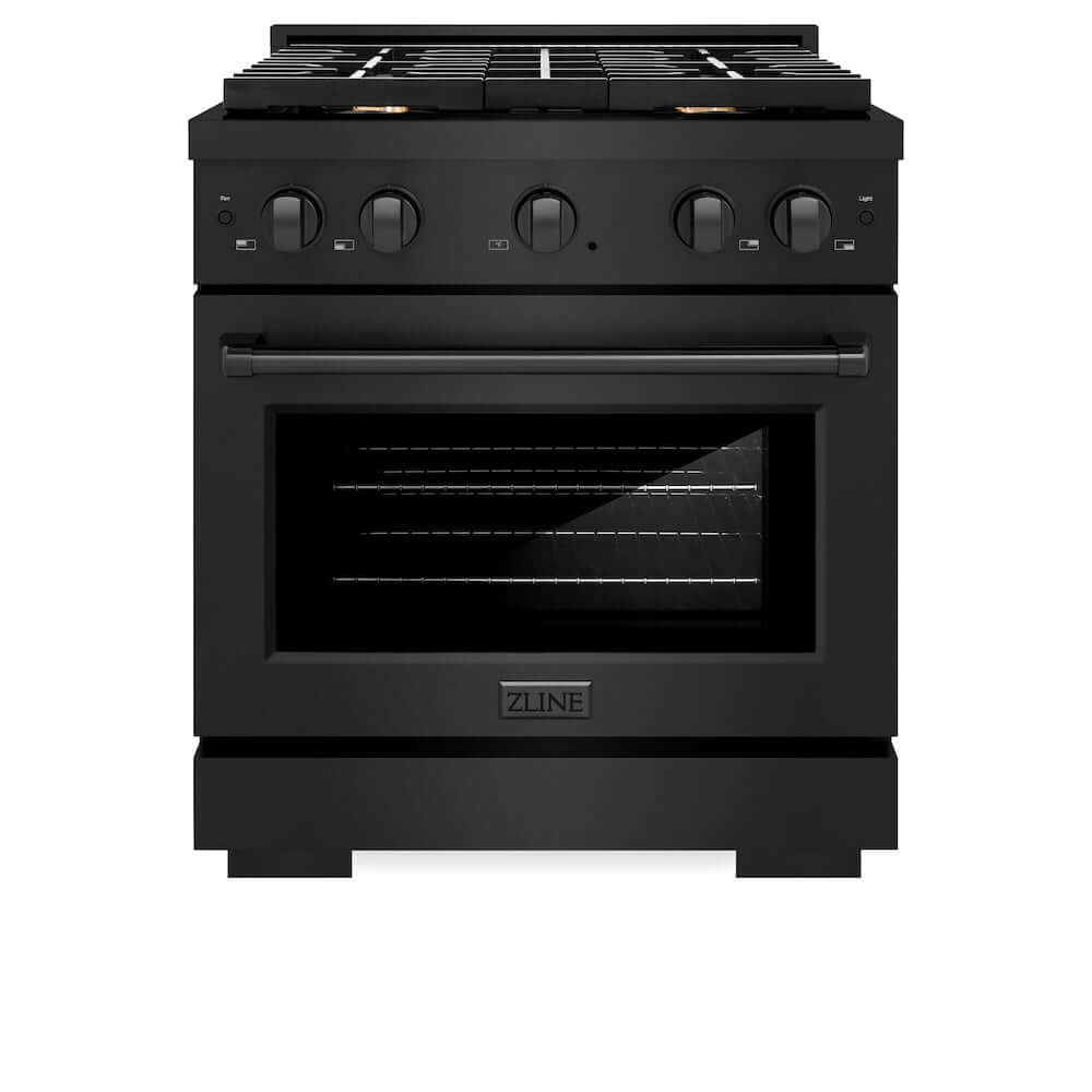 ZLINE 30-inch Gas Range in Black Stainless Steel with Brass Burners (SGRB-BR-30) front, oven door closed.