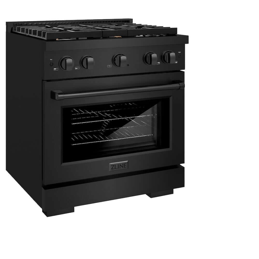ZLINE 30-inch Gas Range in Black Stainless Steel with Brass Burners (SGRB-BR-30) side, oven door closed.