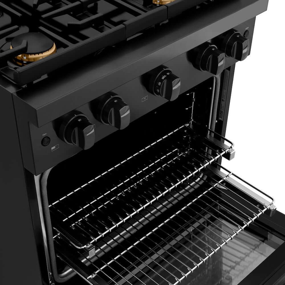 ZLINE 30-inch Gas Range in Black Stainless Steel with Brass Burners (SGRB-BR-30) oven racks closeup.