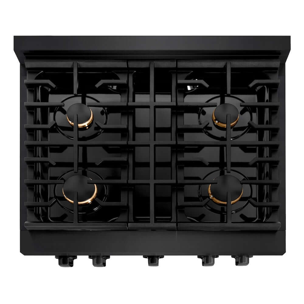 ZLINE 30-inch Gas Range in Black Stainless Steel with Brass Burners (SGRB-BR-30) from above, showing 4-burner gas cooktop.
