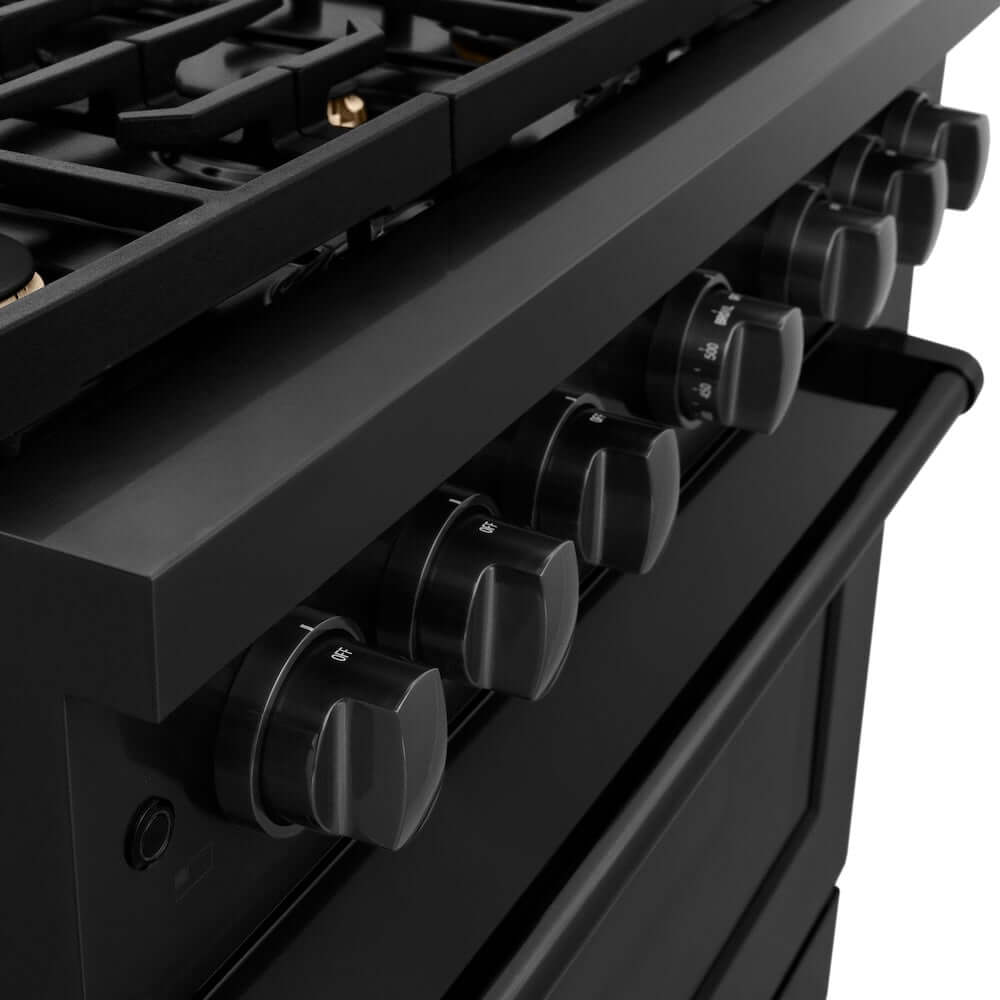 ZLINE 36-inch Gas Range in Black Stainless Steel with Brass Burners (SGRB-BR-36) cooktop and oven knobs closeup.