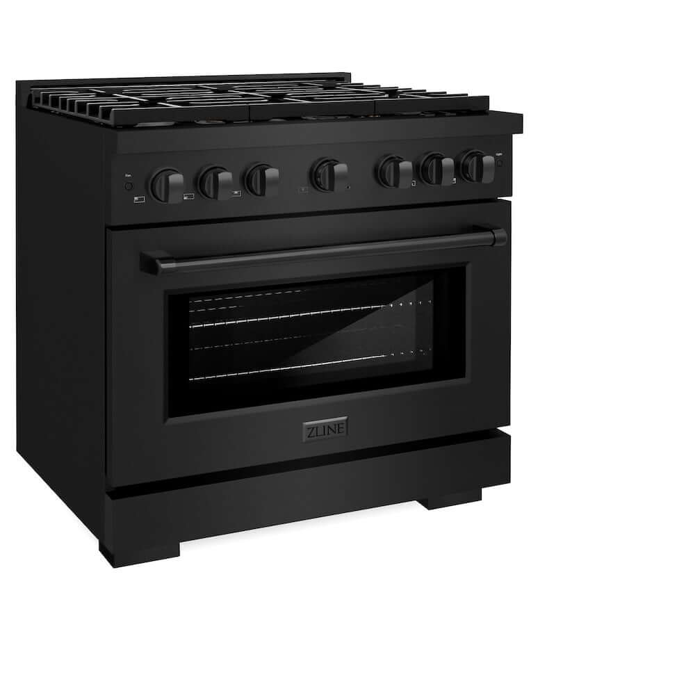 ZLINE 36-inch Gas Range in Black Stainless Steel with Brass Burners (SGRB-BR-36) side, oven door closed.