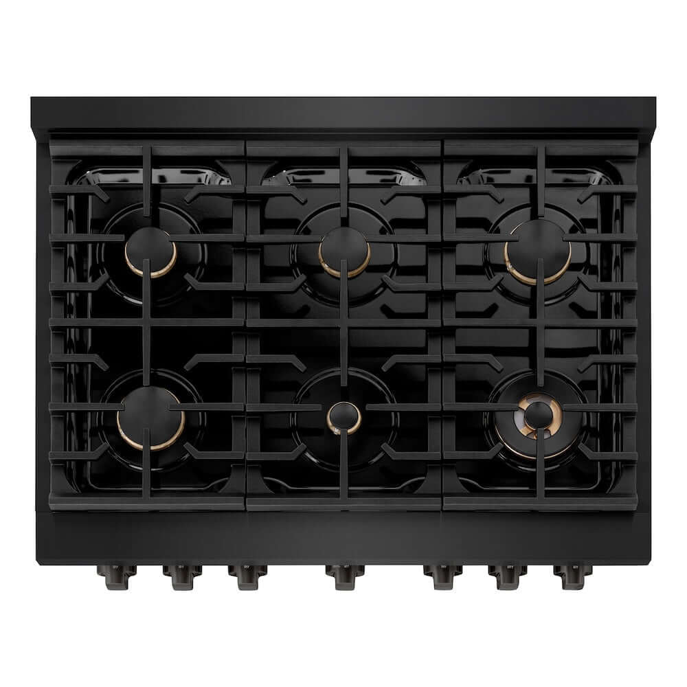 ZLINE 36-inch Gas Range in Black Stainless Steel with Brass Burners (SGRB-BR-36) from above, showing 6-burner gas cooktop.