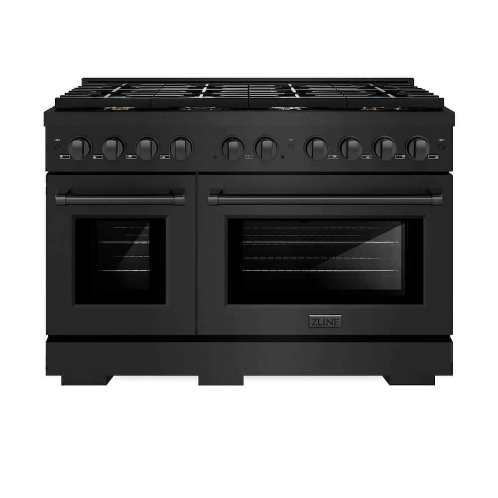 ZLINE 48-inch Gas Range in Black Stainless Steel with Brass Burners (SGRB-BR-48) front, with oven doors closed.