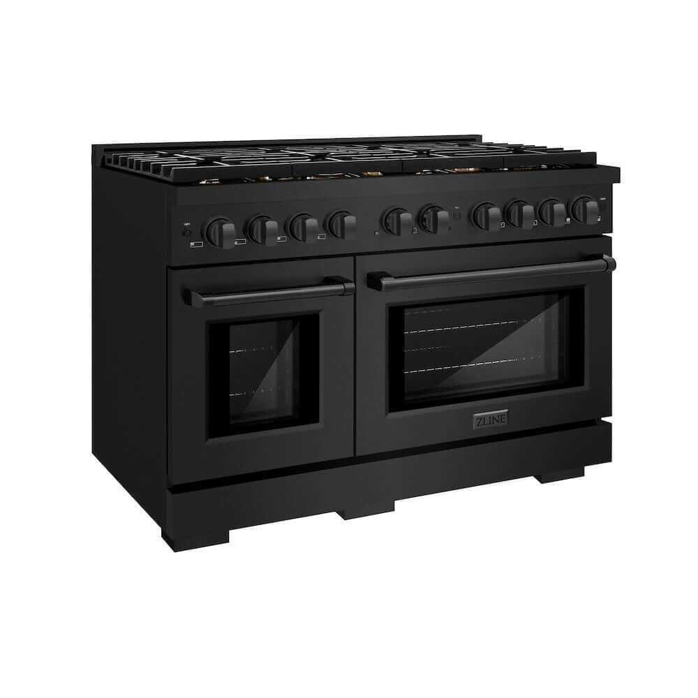 ZLINE 48-inch Gas Range in Black Stainless Steel with Brass Burners (SGRB-BR-48) side, with oven doors closed.