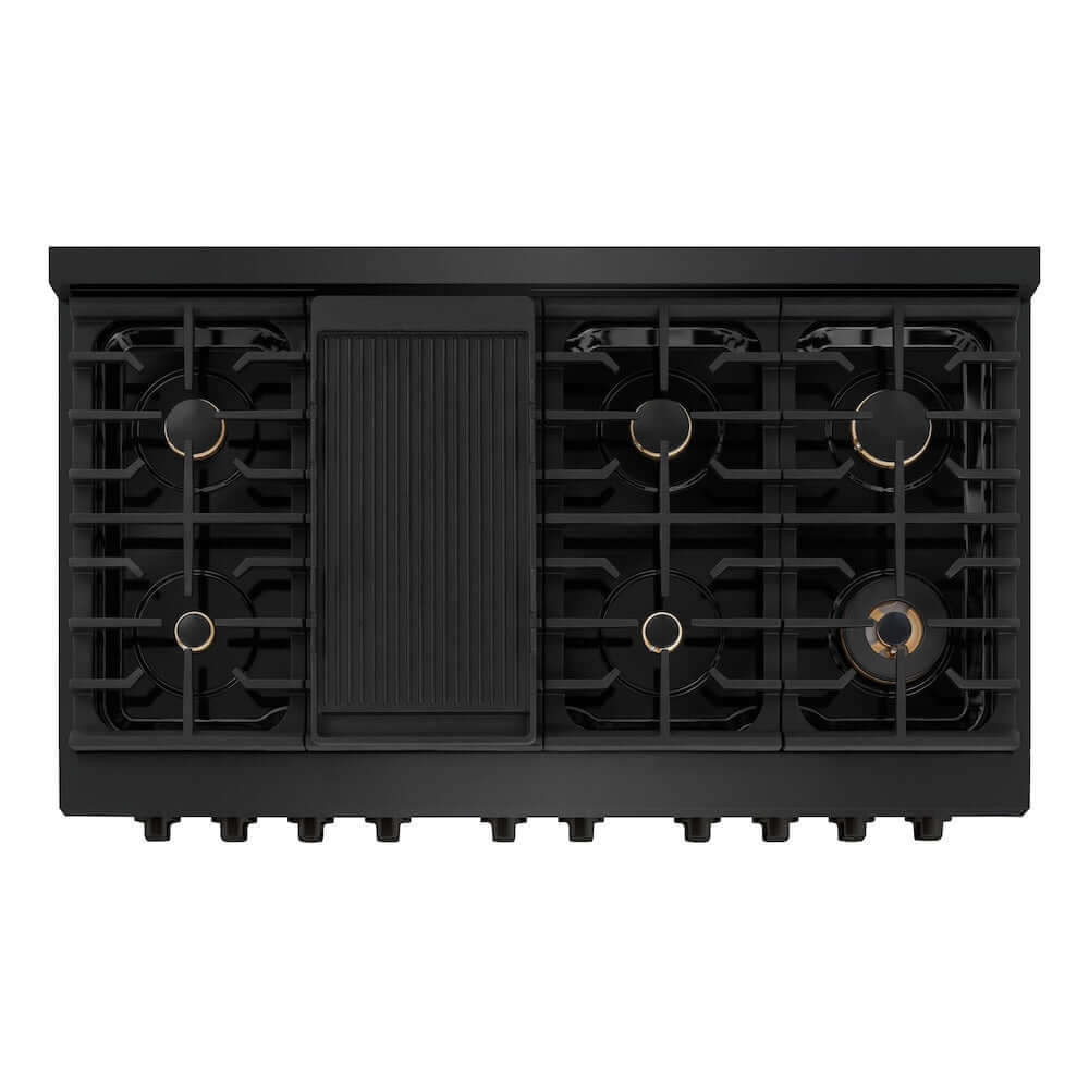 ZLINE 48-inch Gas Range in Black Stainless Steel with Brass Burners (SGRB-BR-48) from above, showing 8-burner gas cooktop with griddle.
