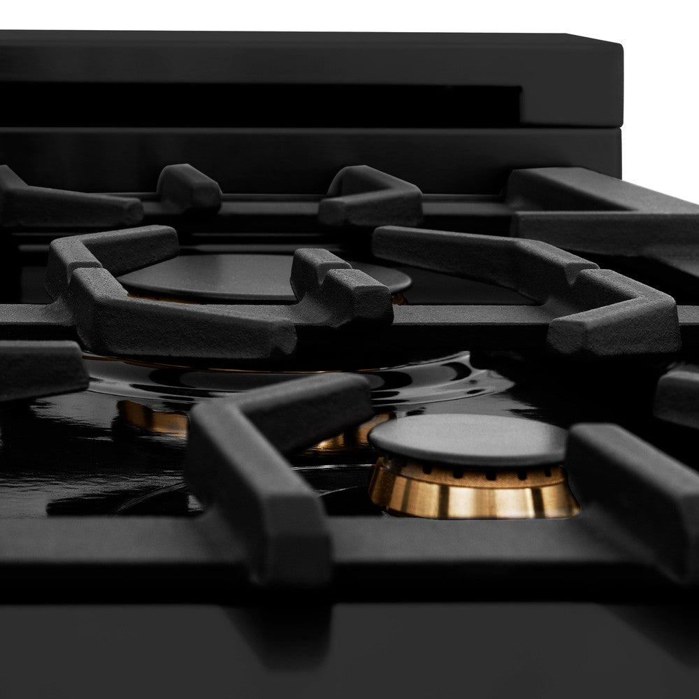 Brass burner and cast-iron grates on ZLINE black stainless steel range.