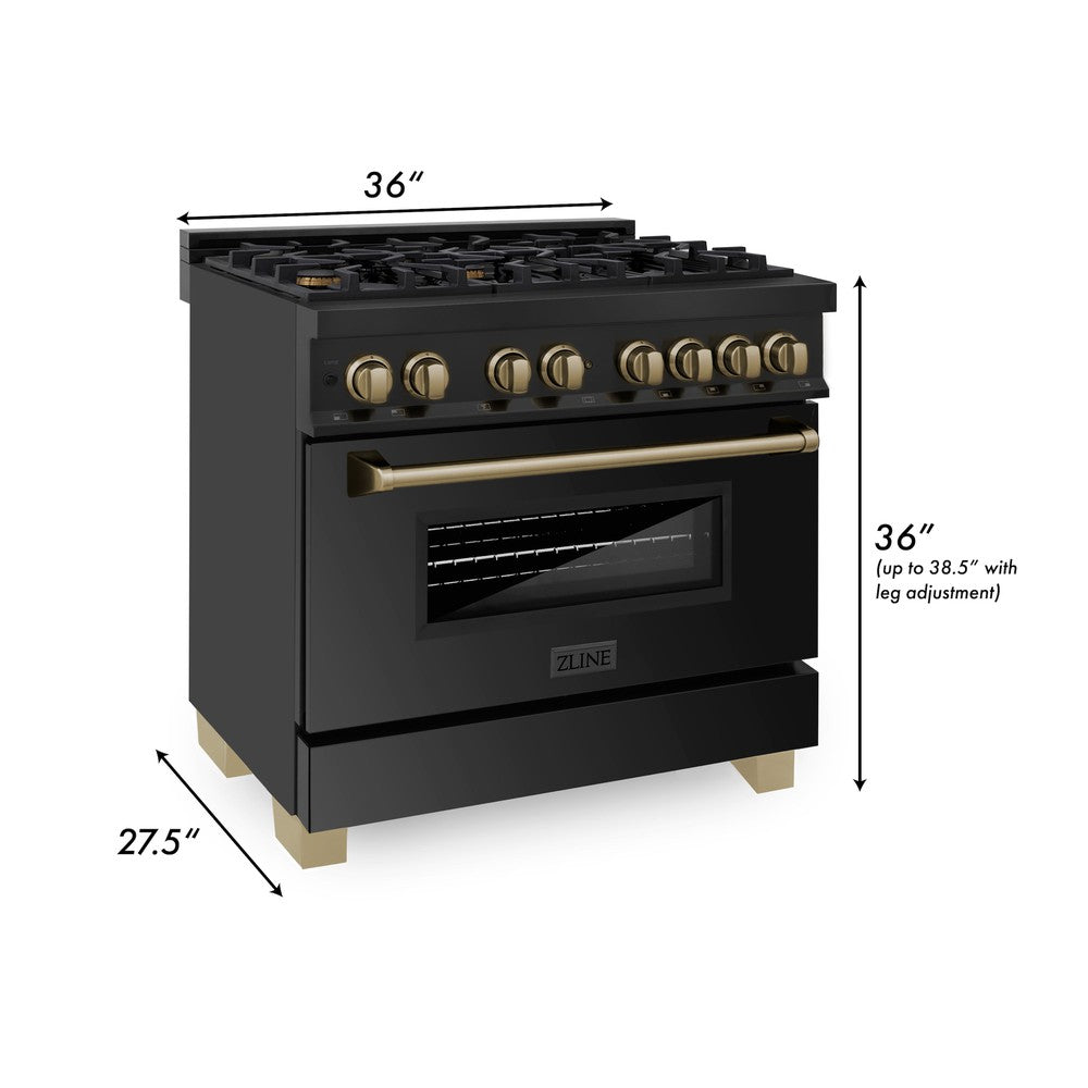 ZLINE Autograph Edition 36 in. Kitchen Package with Black Stainless Steel Dual Fuel Range, Range Hood and Dishwasher with Polished Gold Accents (3AKP-RABRHDWV36-G)