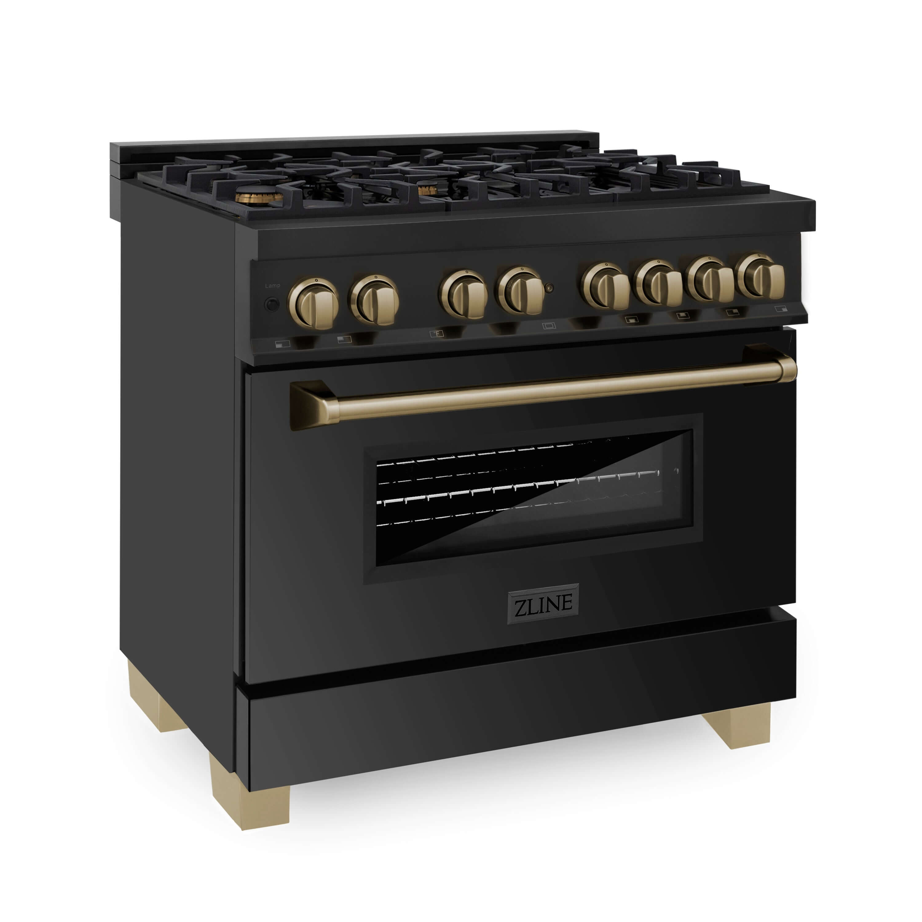 ZLINE Autograph Edition 36" Black Stainless Steel Dual Fuel Range with Polished Gold accents (RABZ-36-G) side, oven door closed.